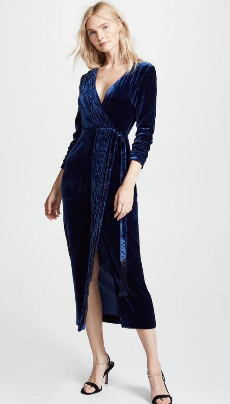 Rachel Zoe Aly Dress in Blue Velvet Size 0 Faux Wrap Long Sleeve Midi V Neck NWT